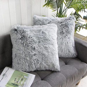 2 Pcs Gray Luxury Soft Faux Fur Throw Pillow Cover